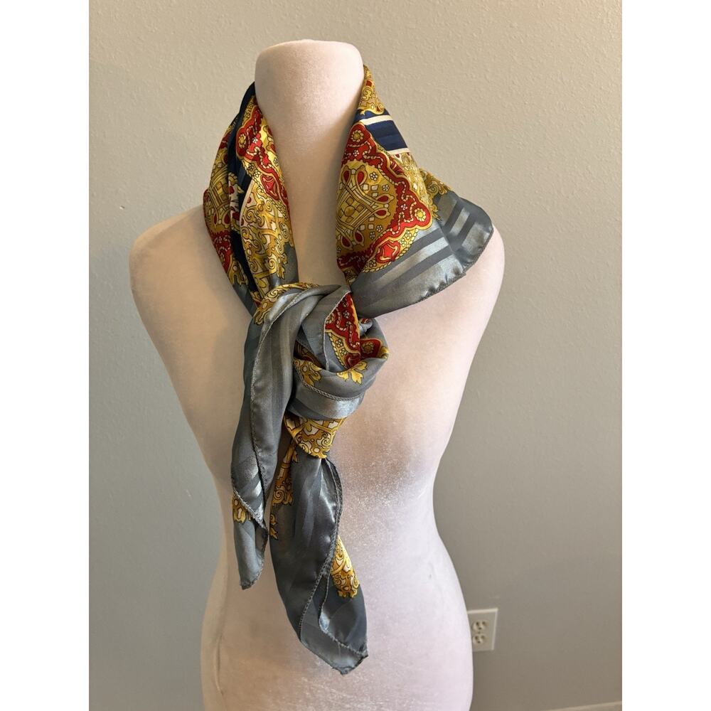 VTG Lucky 100% Silk Scarf Large Baroque Medallion Blue Gold Satin Stripe Border - Picture 8 of 16